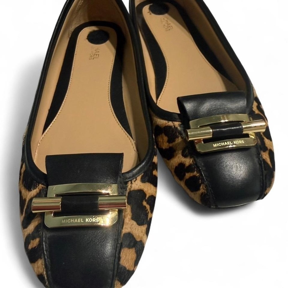 Michael Kors Leopard Calf Hair Flats Size 8 Gold Logo Ballet Shoes